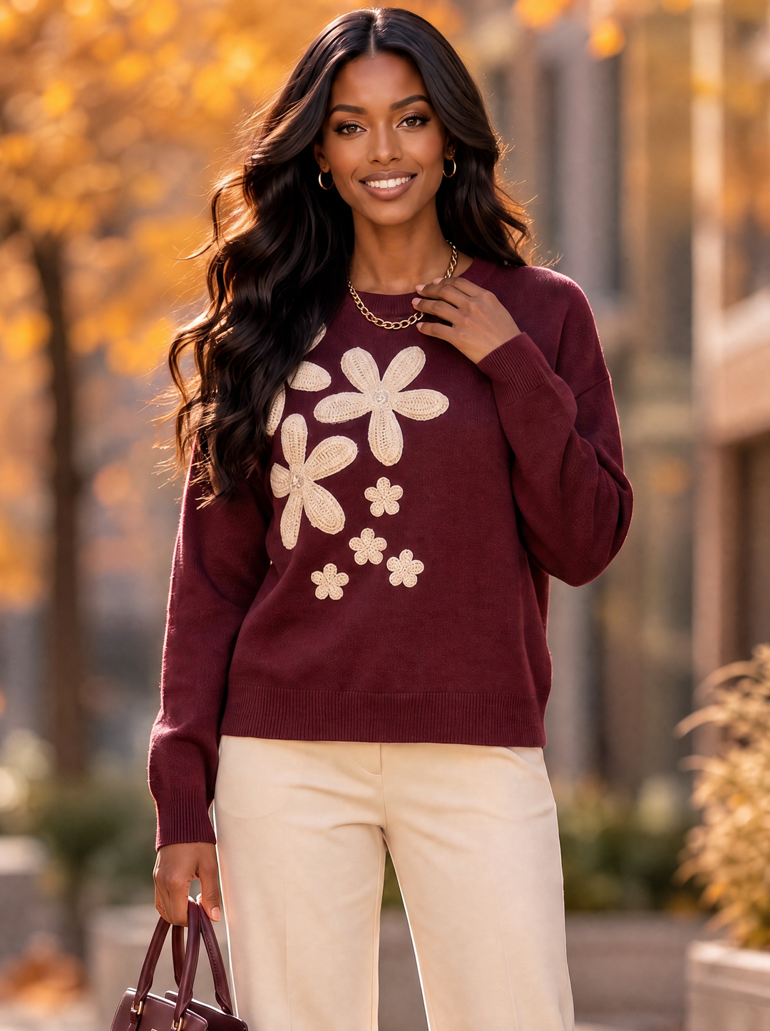 “IVY” Premium Floral Applique Crew Neck Jumper burgundy