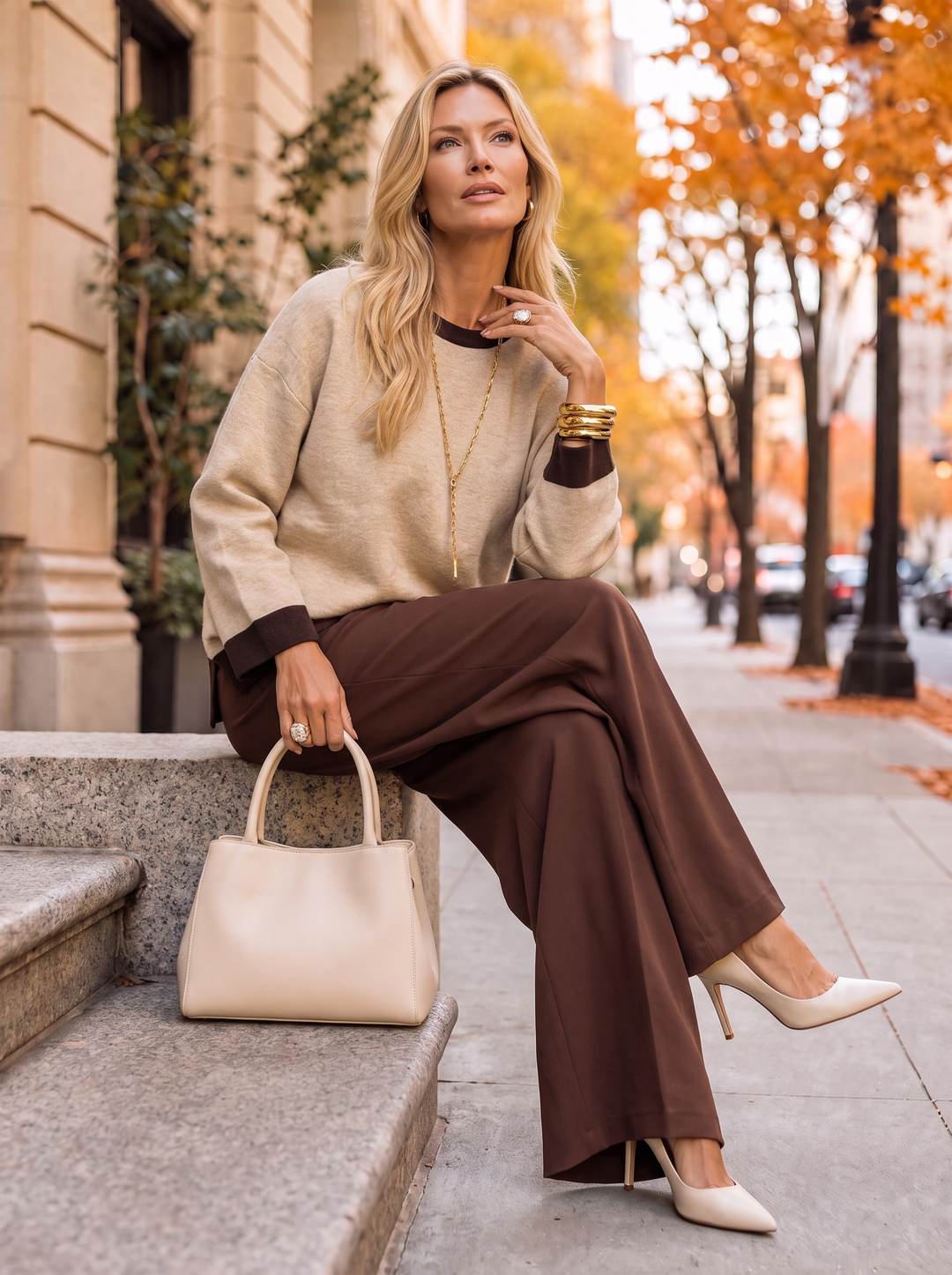 “WHITNEY” Premium Contrast Trim Crew Neck Jumper cream
