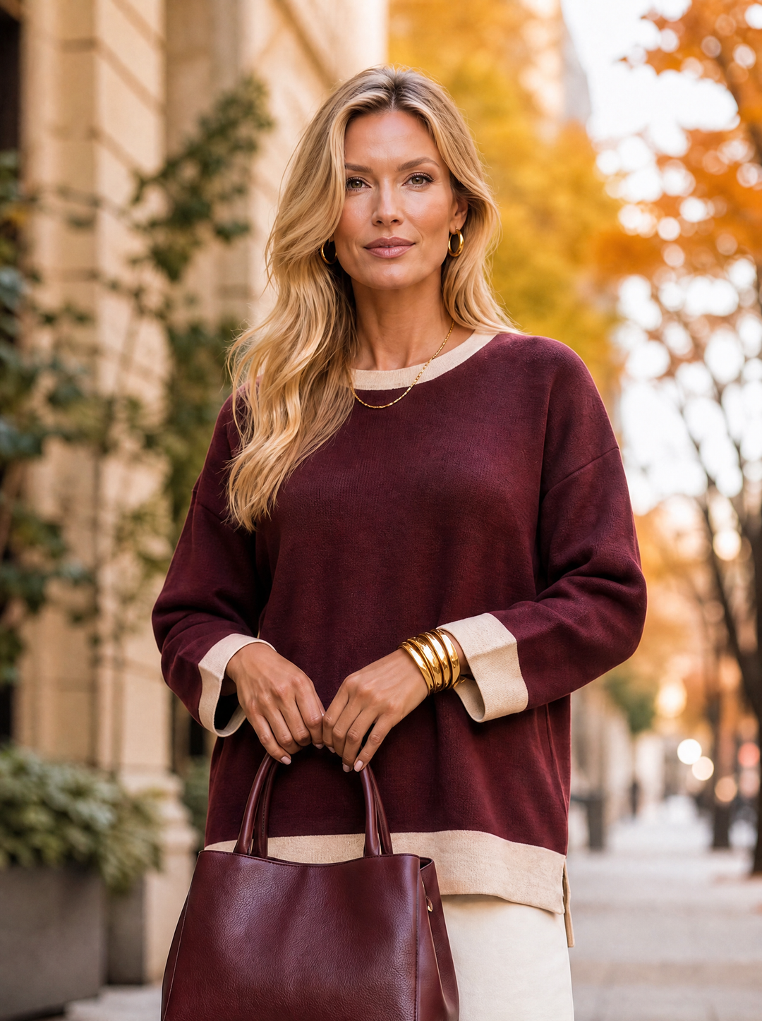 “WHITNEY” Premium Contrast Trim Crew Neck Jumper burgundy