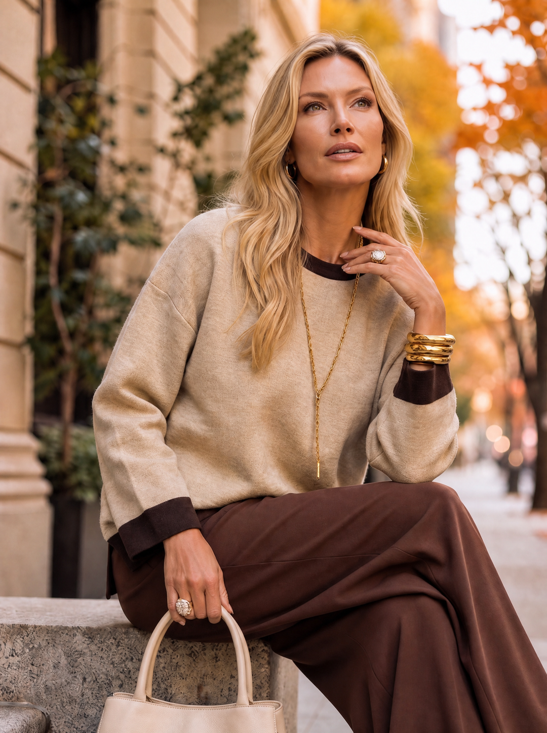 “WHITNEY” Premium Contrast Trim Crew Neck Jumper cream