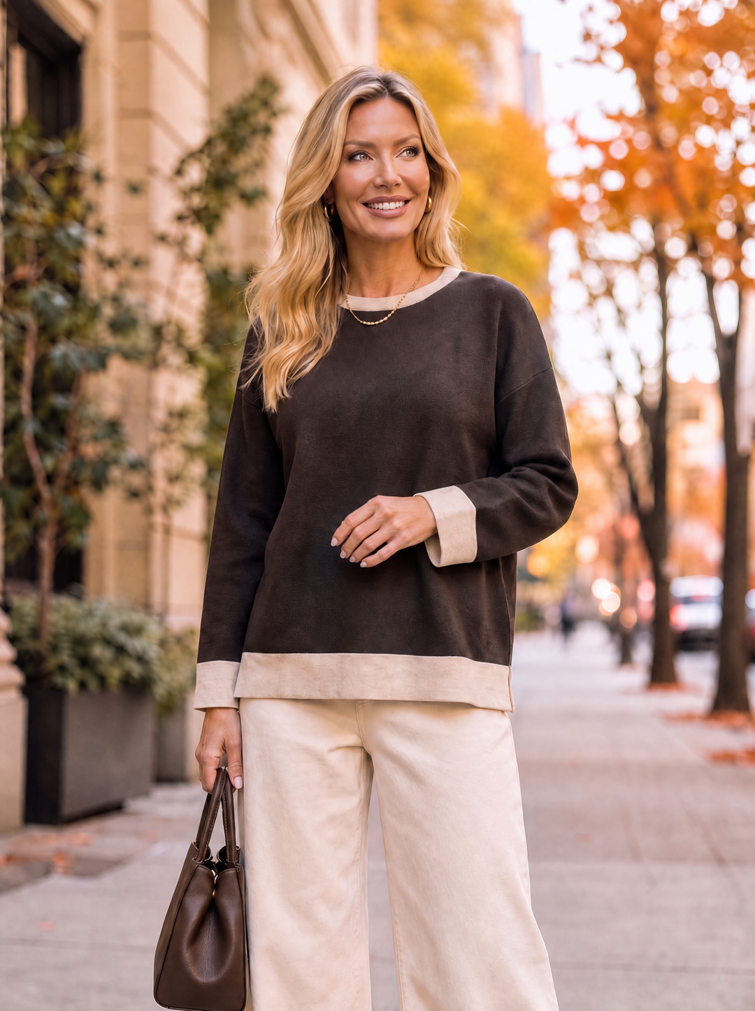 “WHITNEY” Premium Contrast Trim Crew Neck Jumper chocolate