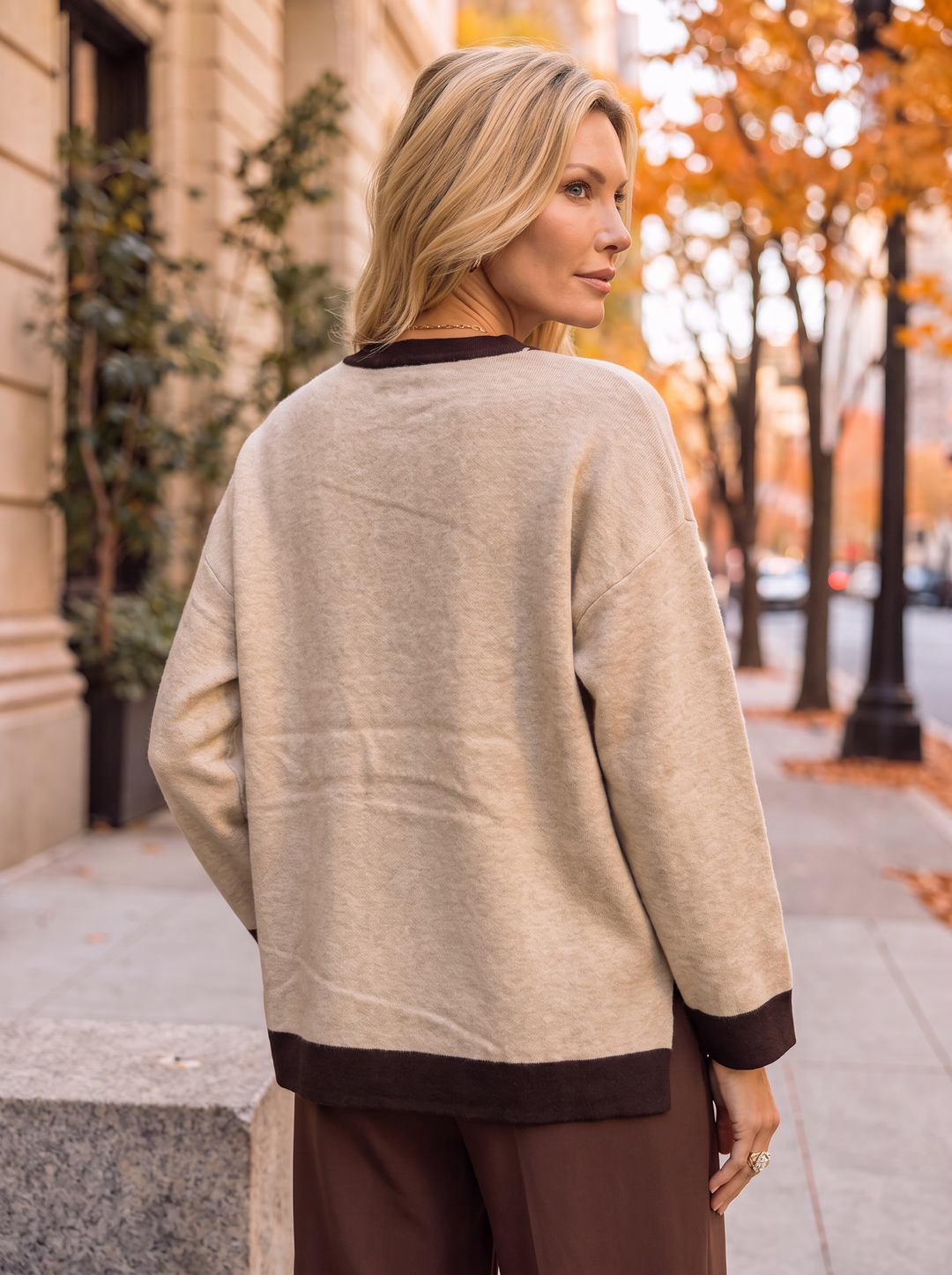 “WHITNEY” Premium Contrast Trim Crew Neck Jumper cream