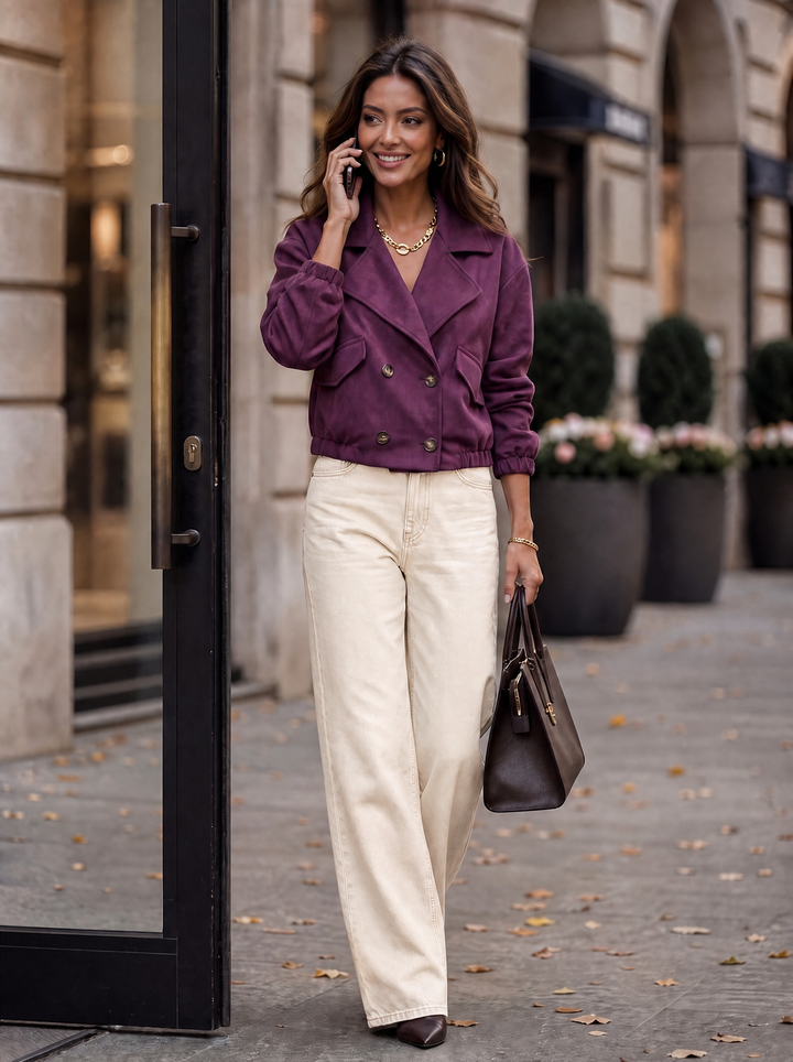 “ASHLEY” Cropped Faux Suede Double Breasted Jacket PLUM