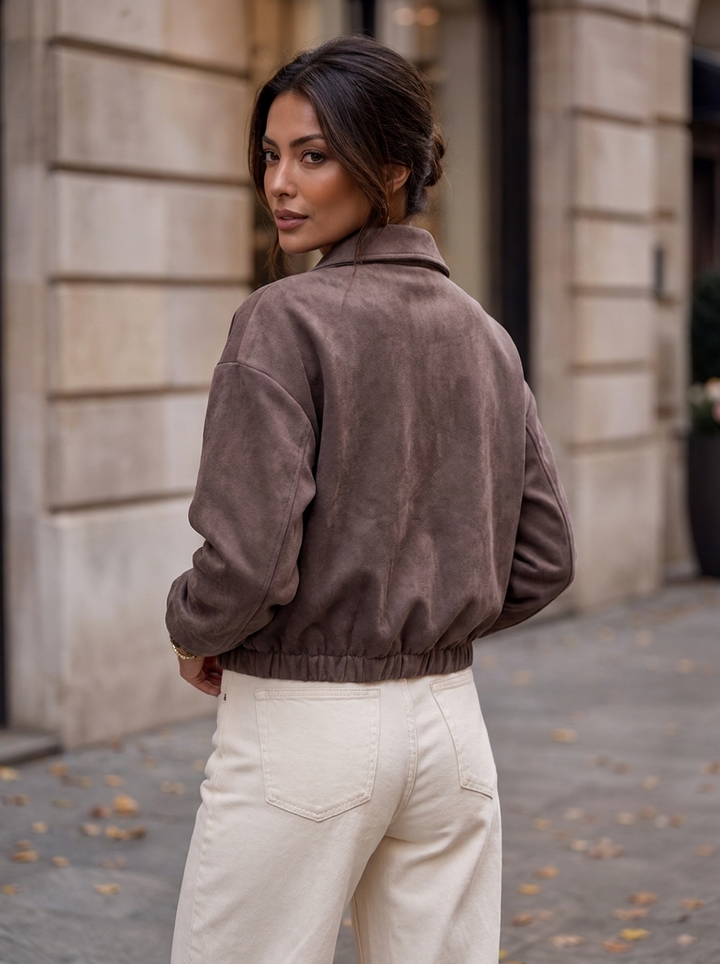 “ASHLEY” Cropped Faux Suede Double Breasted Jacket CHOCOLATE