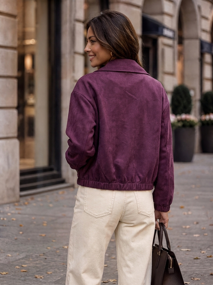 “ASHLEY” Cropped Faux Suede Double Breasted Jacket PLUM
