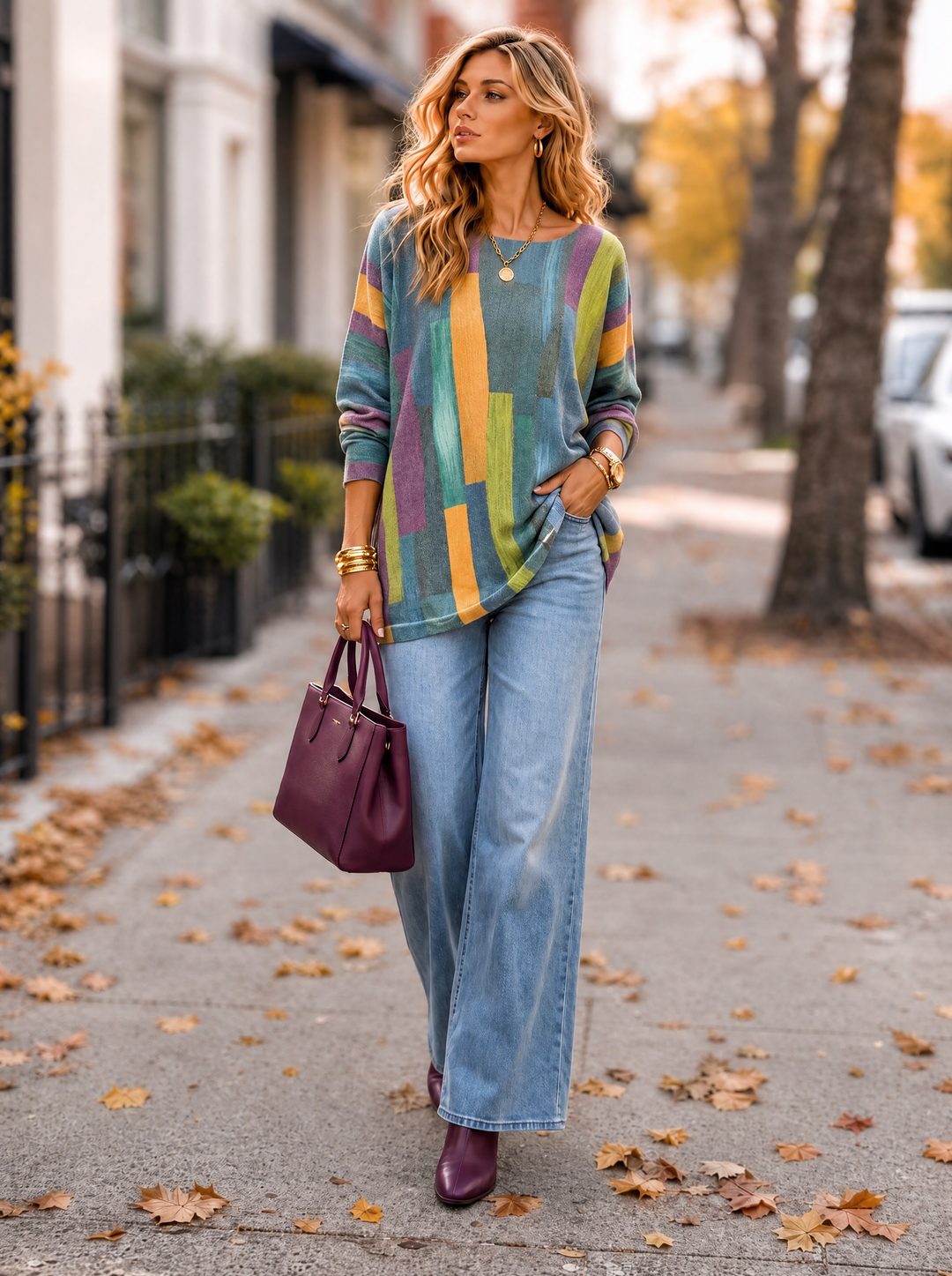 “MAGNOLIA” Curve Soft Knit Abstract Print Jumper petrol blue