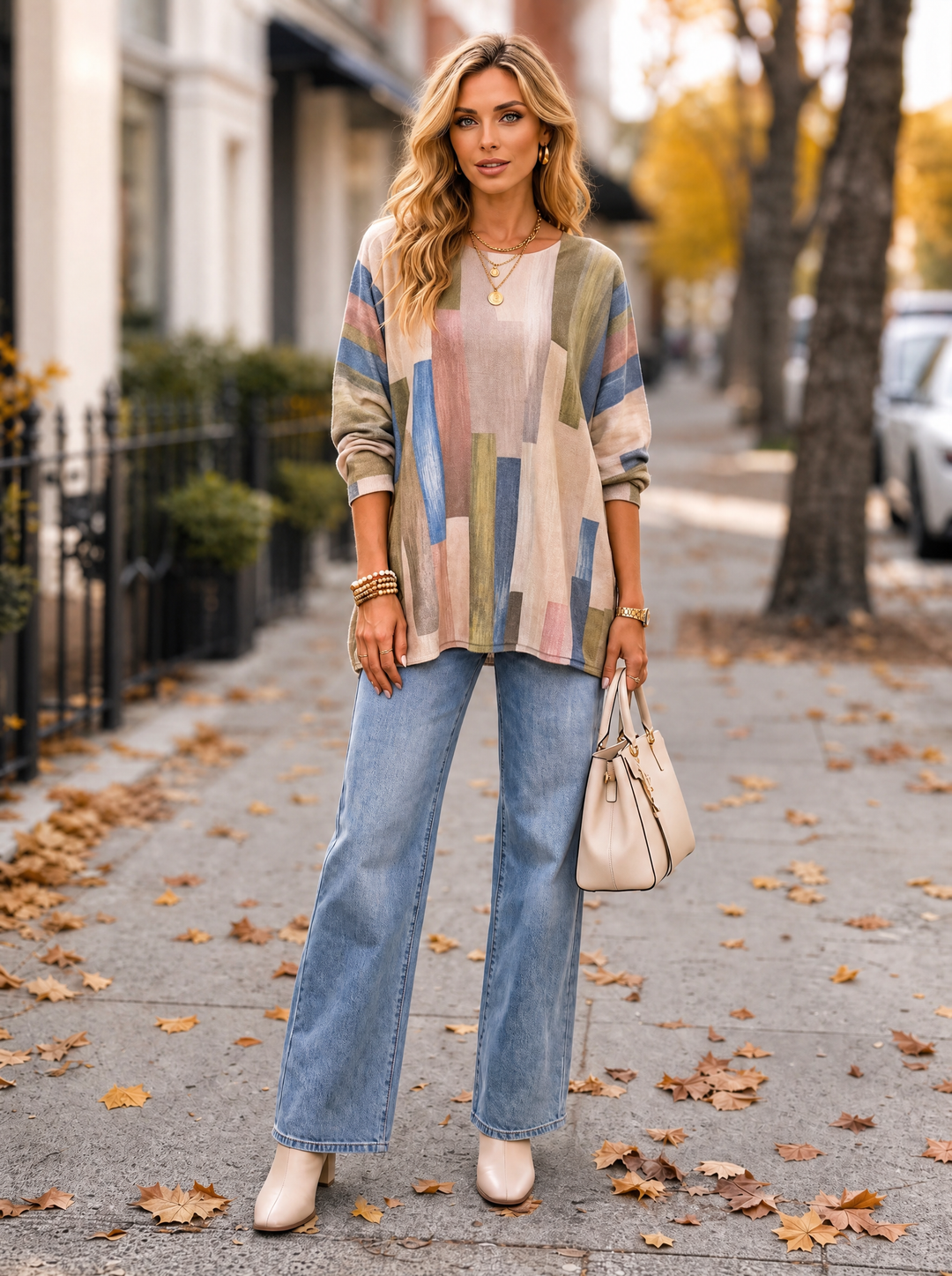 “MAGNOLIA” Curve Soft Knit Abstract Print Jumper cream