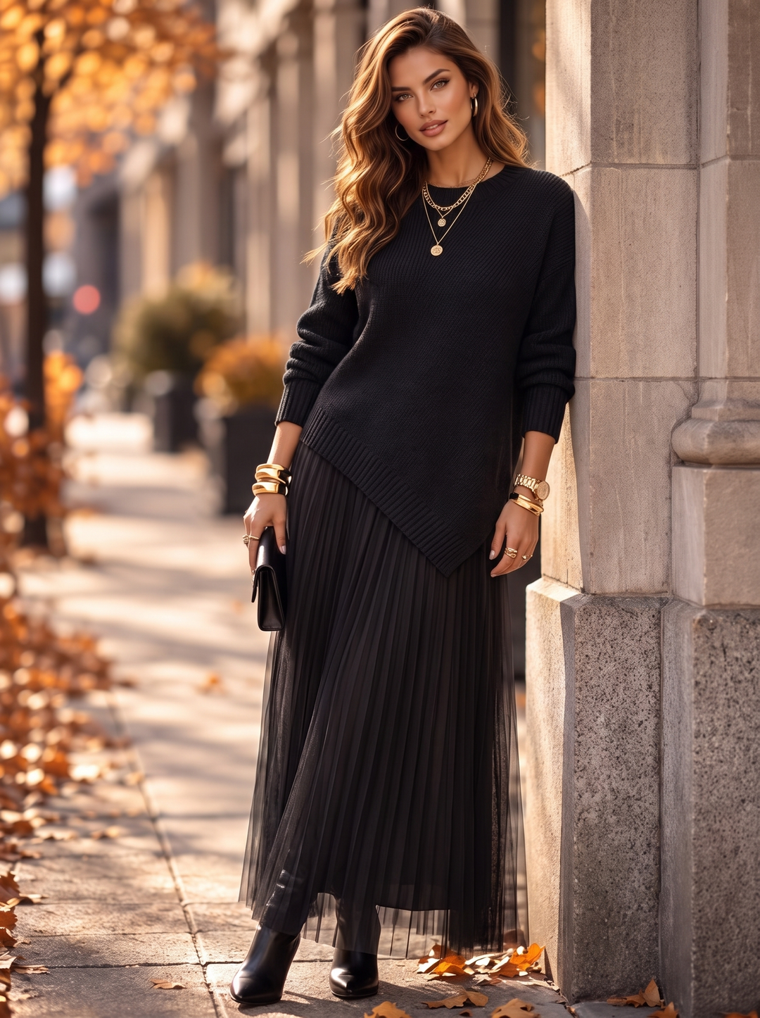 “SARAH” 2 Piece Asymmetric Jumper & Pleated Dress black