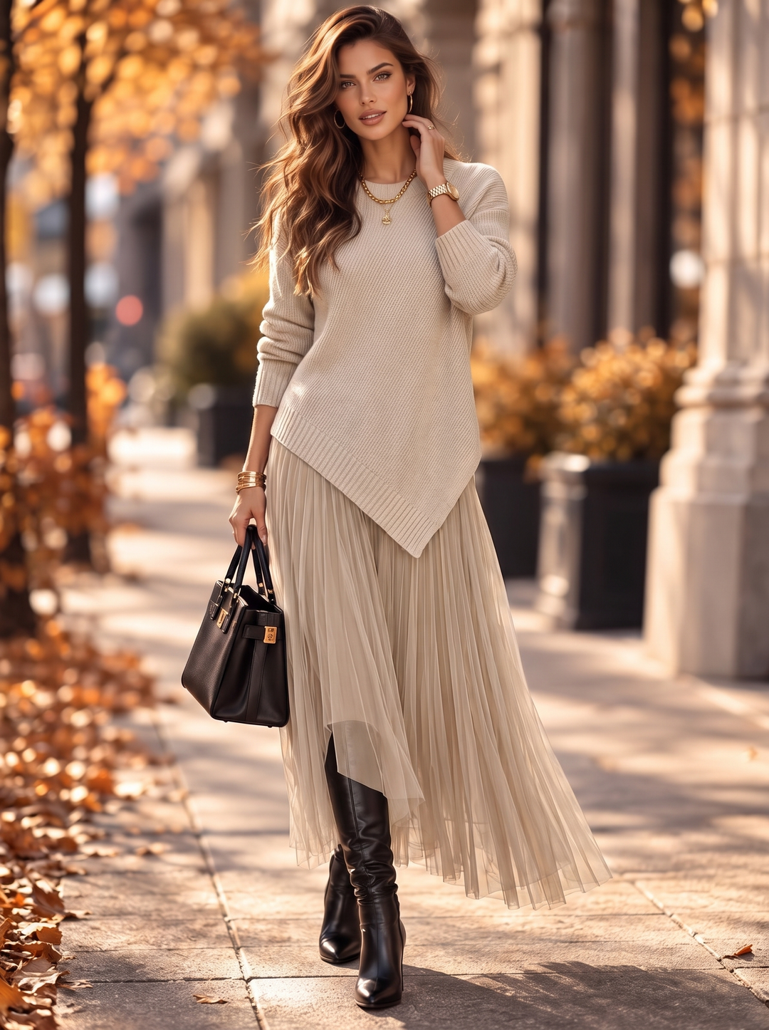 “SARAH” 2 Piece Asymmetric Jumper & Pleated Dress cream