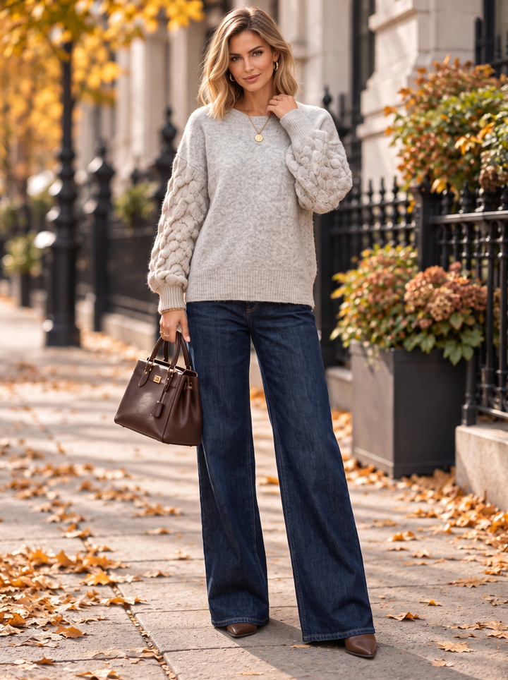 “JORDAN” Premium Textured Sleeve Jumper With Lace Bow Back silver