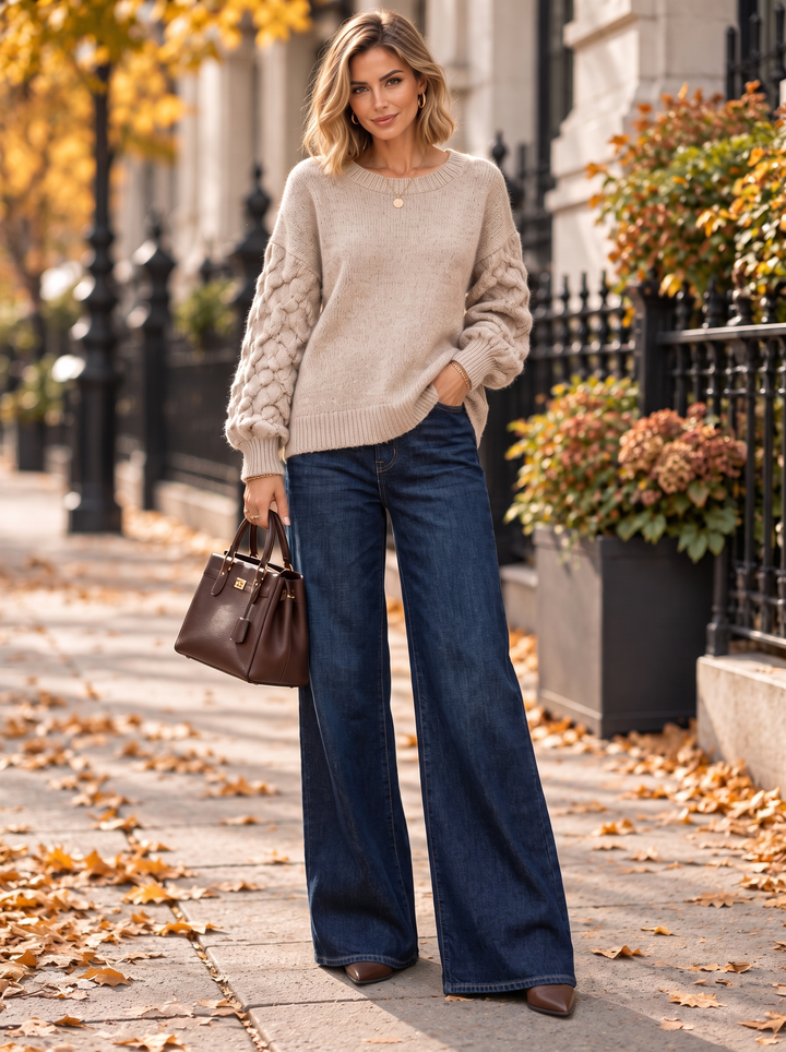 “JORDAN” Premium Textured Sleeve Jumper With Lace Bow Back oatmeal