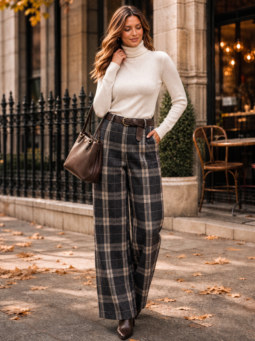 “HARLEY” Heritage Check Wide-Leg Trousers CHARCOAL BEIGE CHECK