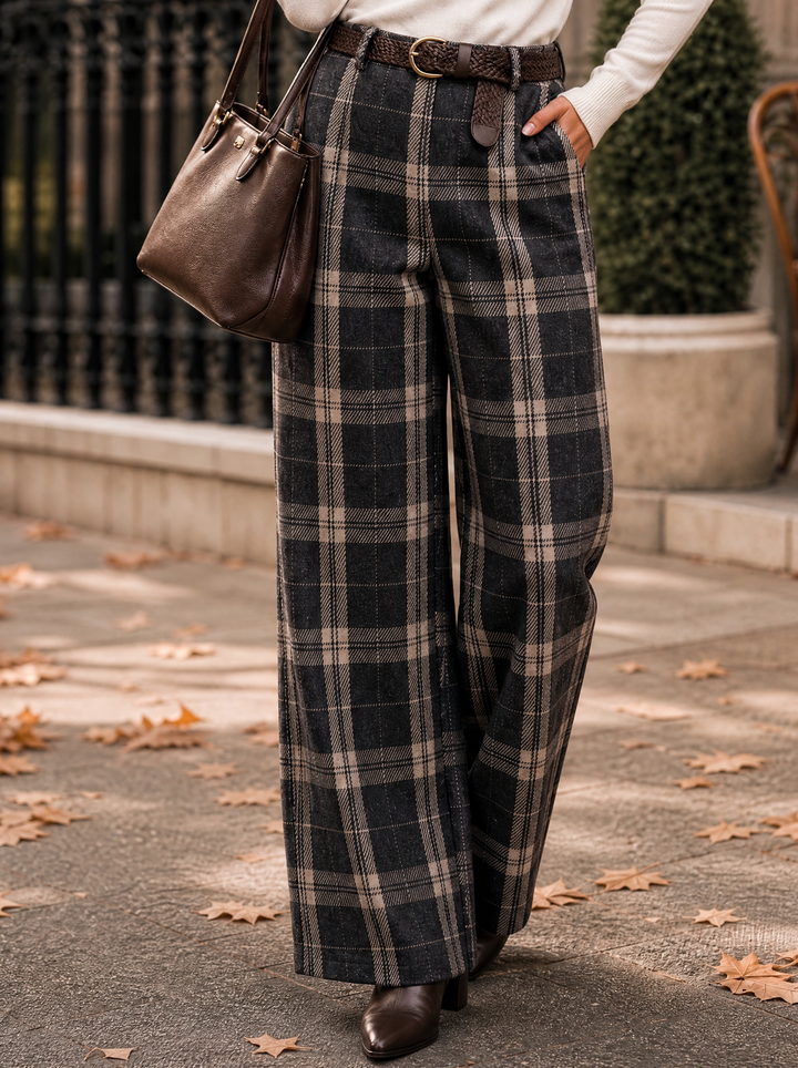 “HARLEY” Heritage Check Wide-Leg Trousers CHARCOAL BEIGE CHECK