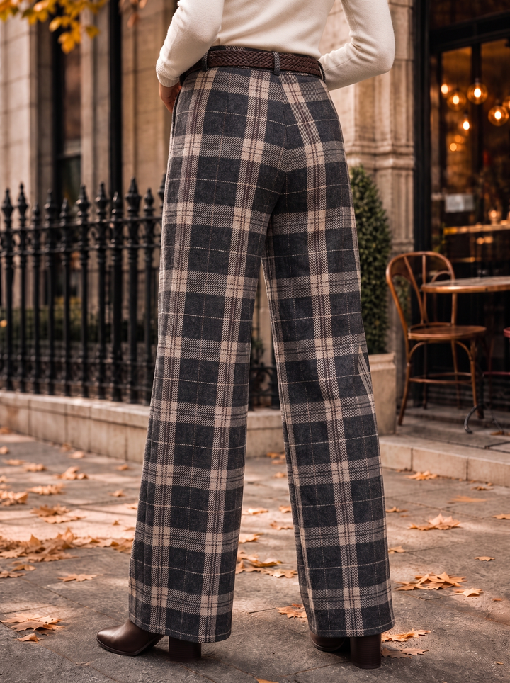 “HARLEY” Heritage Check Wide-Leg Trousers CHARCOAL BEIGE CHECK