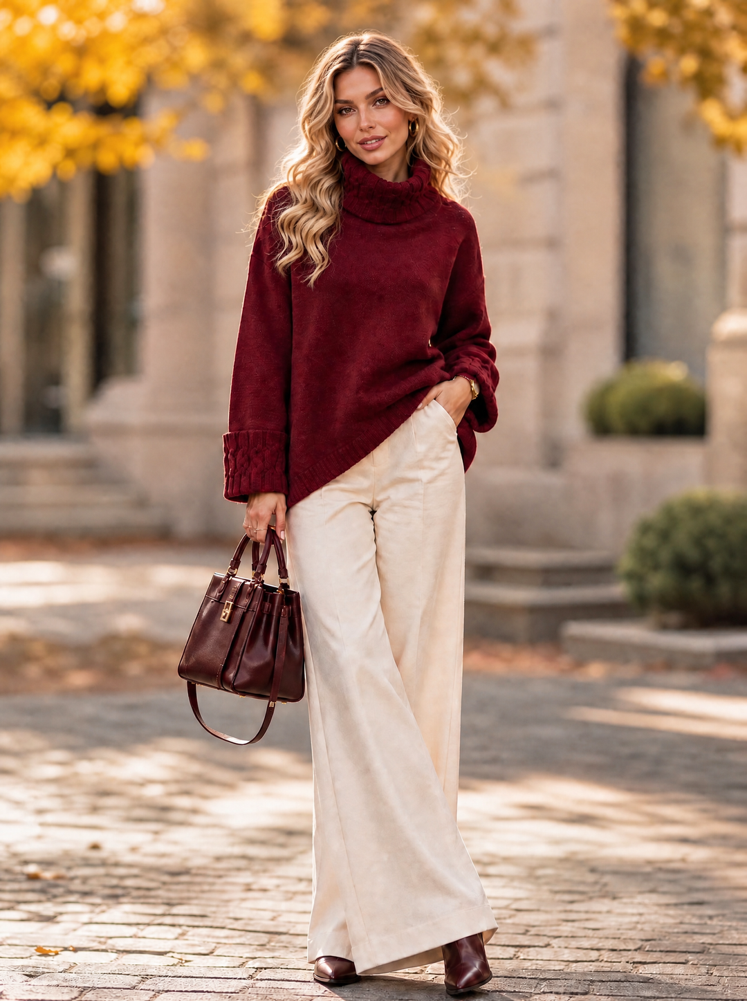 “NALA” Cable Detail Roll Neck Jumper Relaxed Fit burgundy