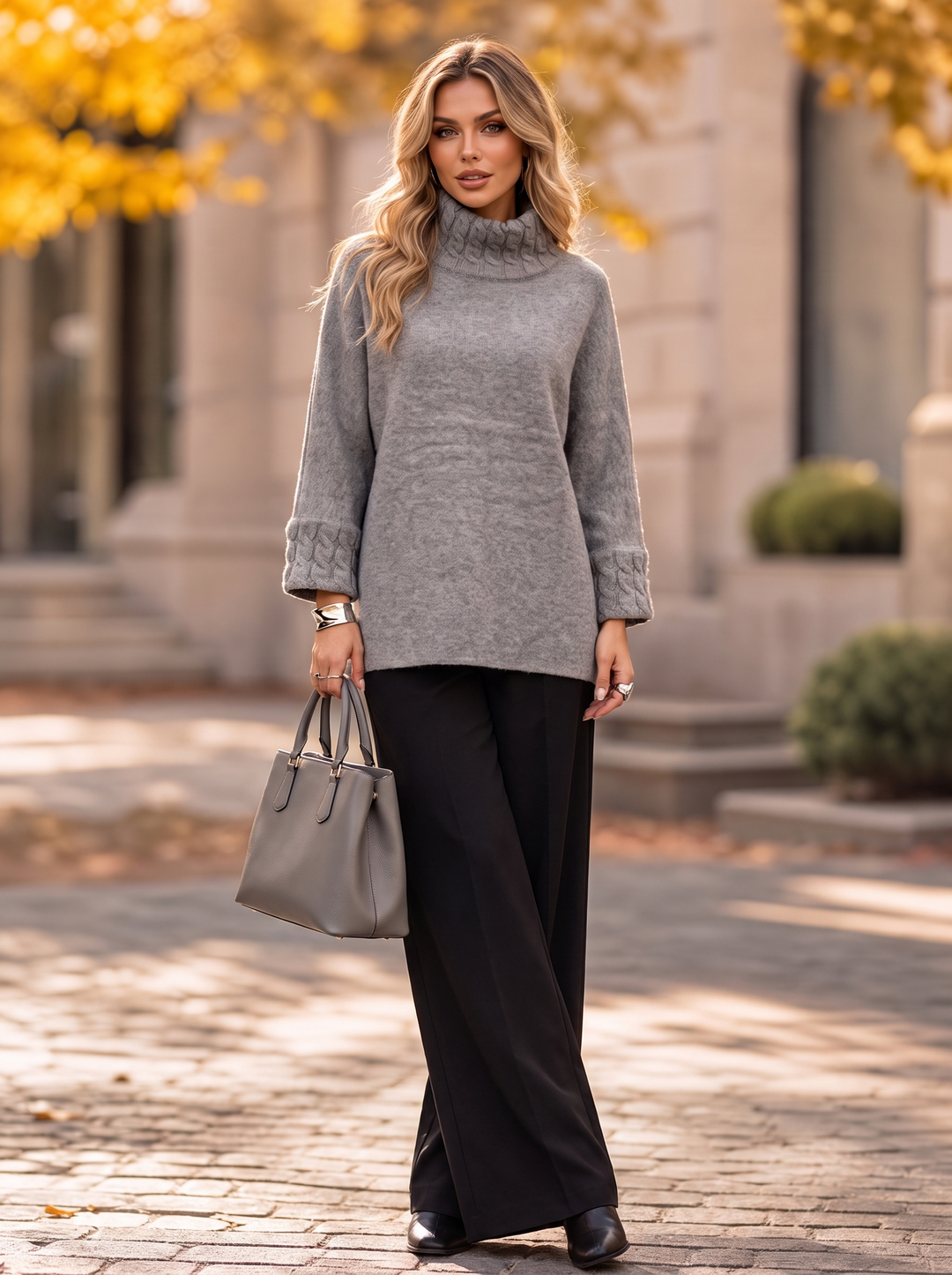 “NALA” Cable Detail Roll Neck Jumper Relaxed Fit grey