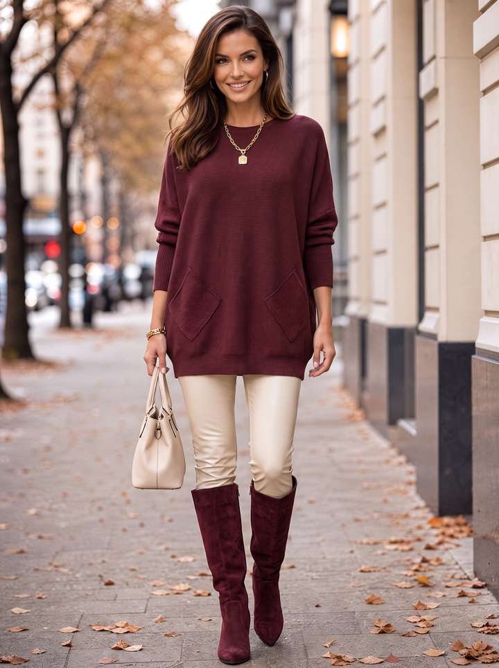 “MOLLY” Soft Relaxed Fit Pocket Jumper With Braid Back BURGUNDY