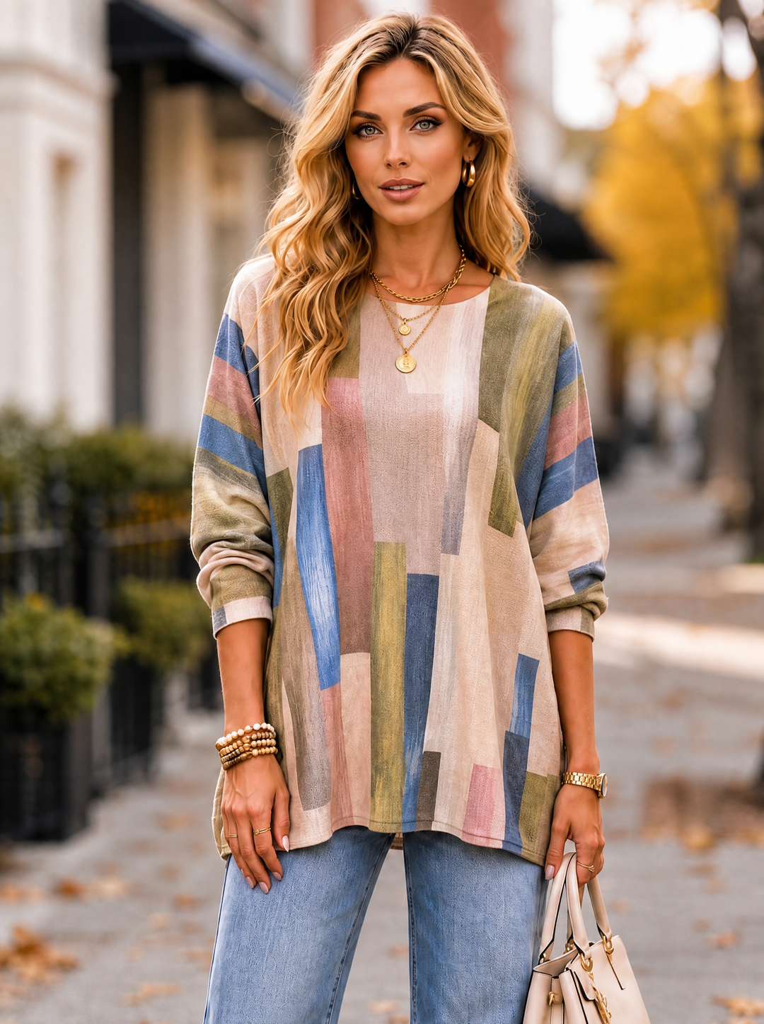 “MAGNOLIA” Curve Soft Knit Abstract Print Jumper cream