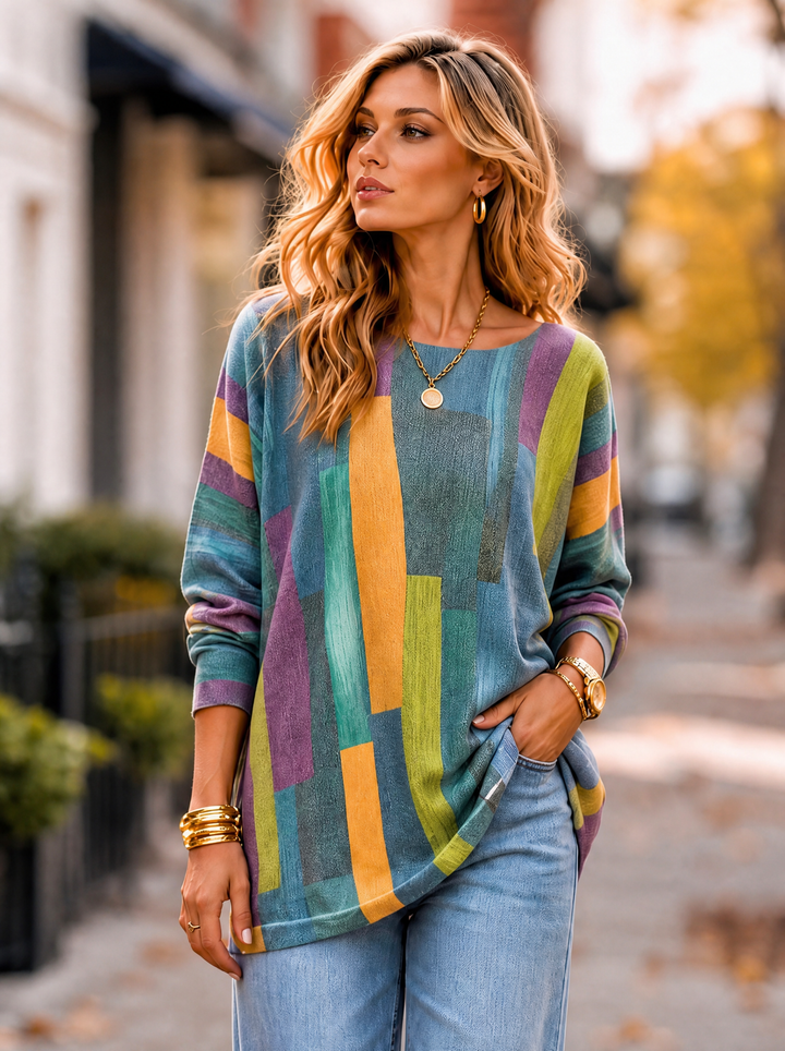 “MAGNOLIA” Curve Soft Knit Abstract Print Jumper blue