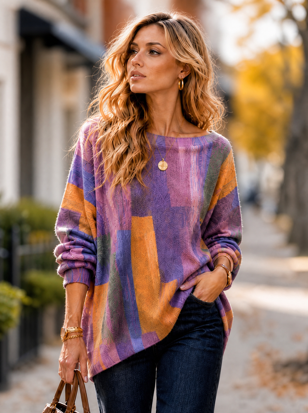 “MAGNOLIA” Curve Soft Knit Abstract Print Jumper purple