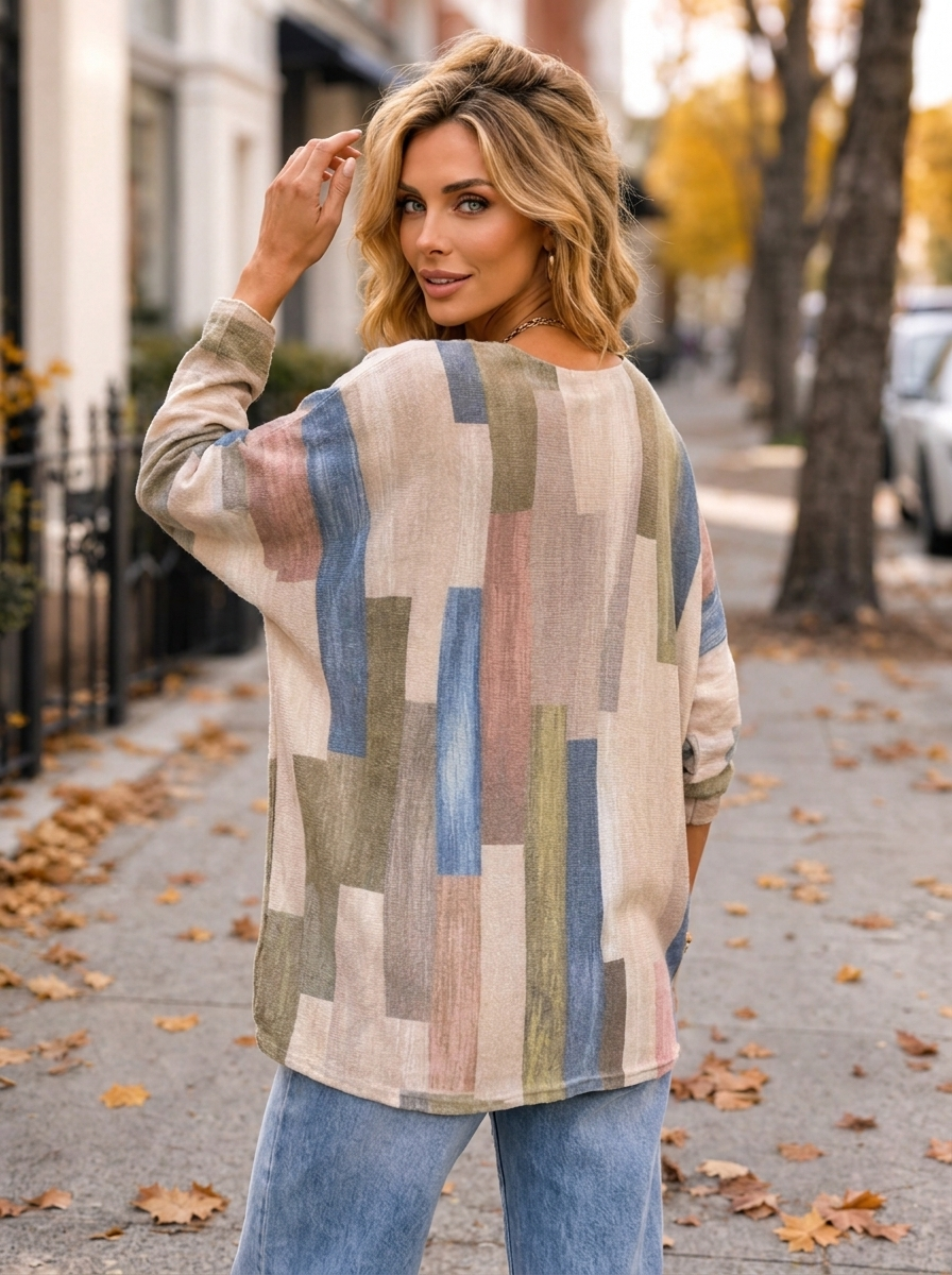 “MAGNOLIA” Curve Soft Knit Abstract Print Jumper cream