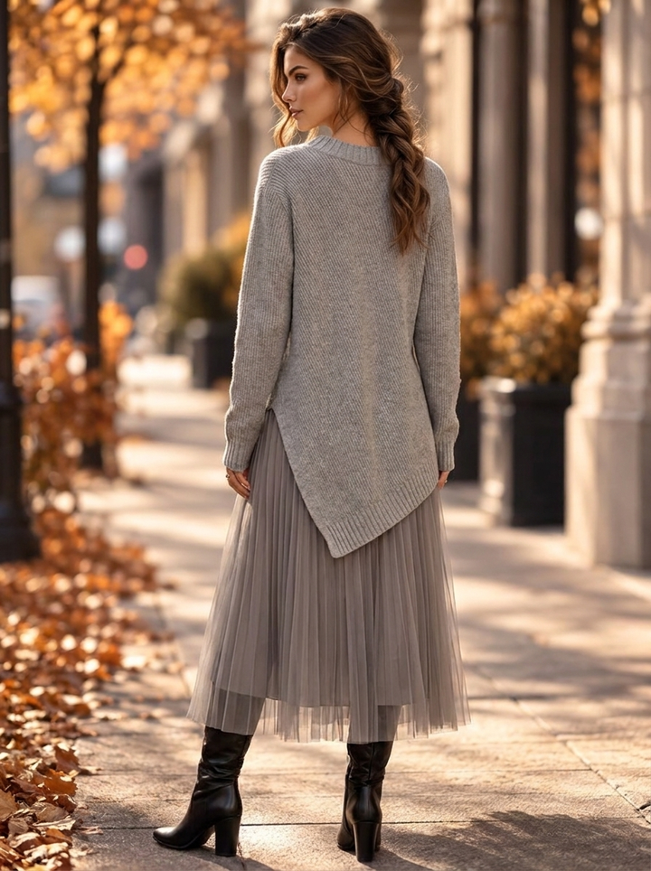 “SARAH” 2 Piece Asymmetric Jumper & Pleated Dress grey