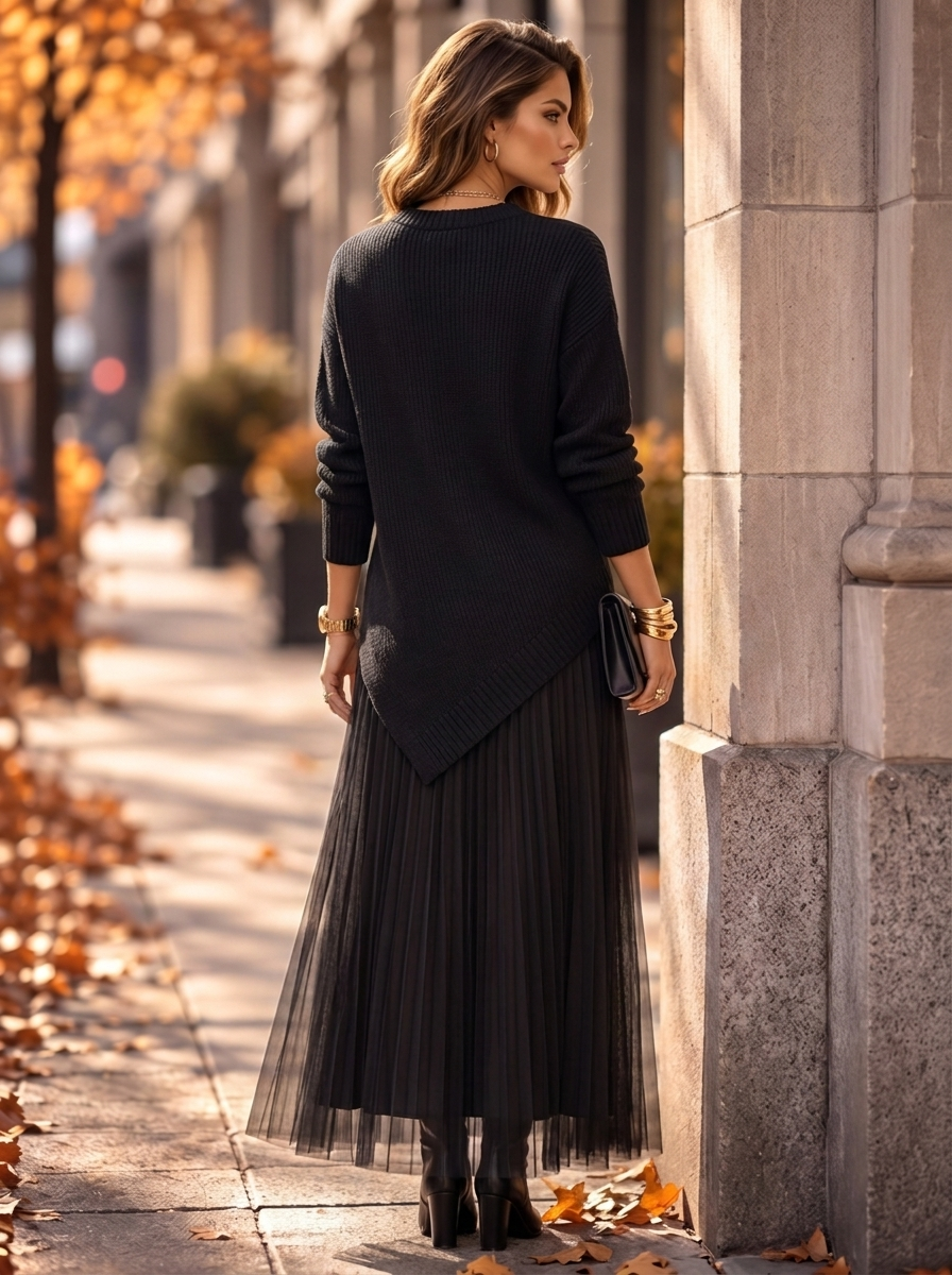 “SARAH” 2 Piece Asymmetric Jumper & Pleated Dress black