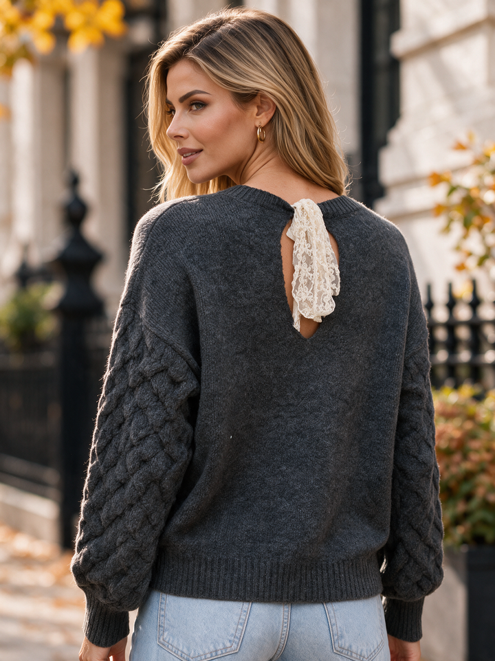 “JORDAN” Premium Textured Sleeve Jumper With Lace Bow Back grey