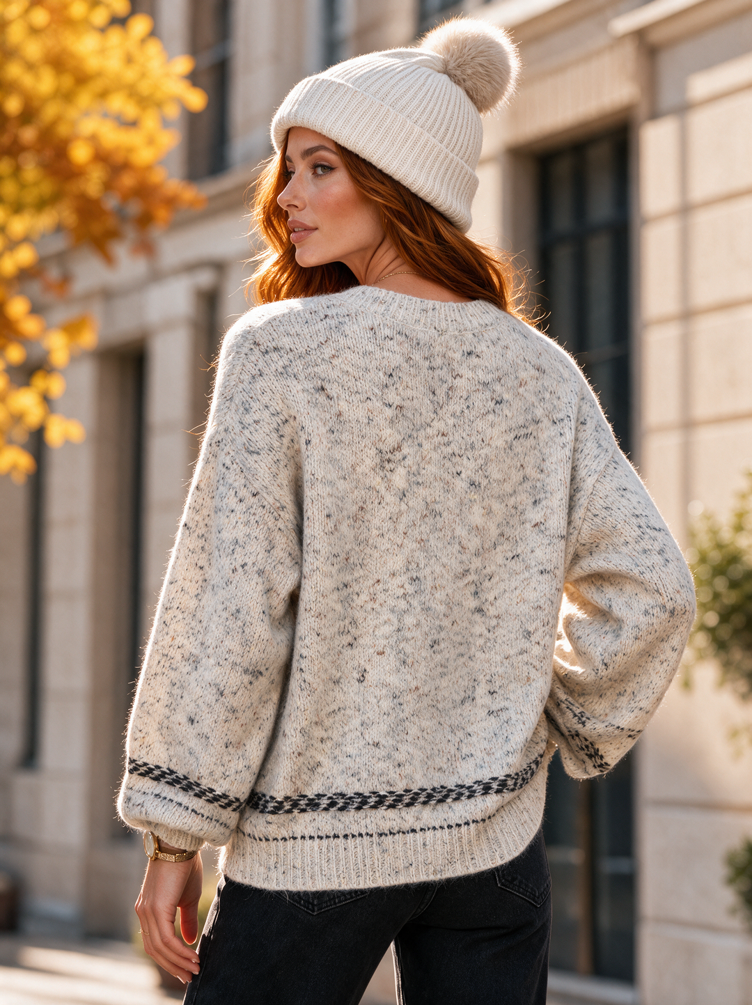 “YVONNE” Premium Flecked Jumper With Contrast Stitch Detail cream