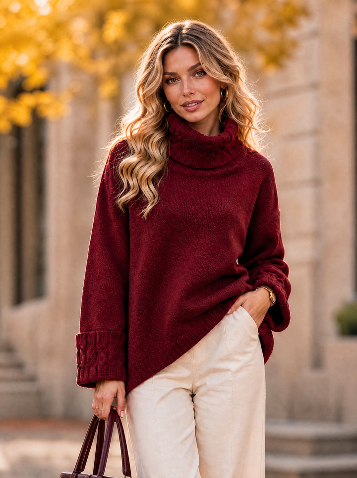 “NALA” Cable Detail Roll Neck Jumper Relaxed Fit burgundy