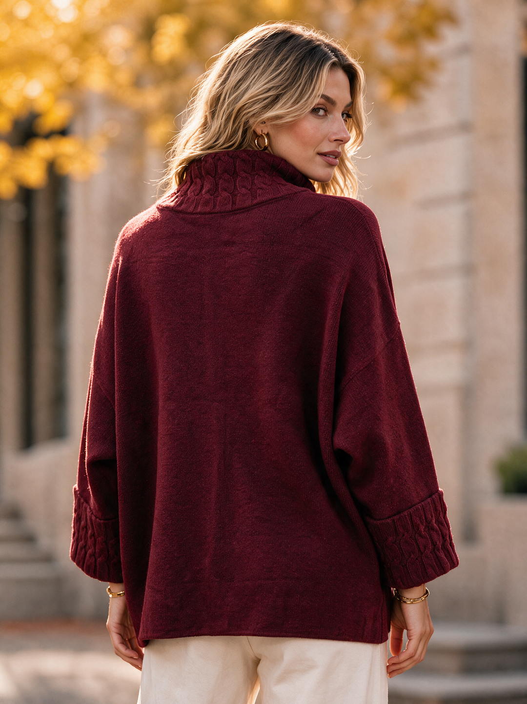 “NALA” Cable Detail Roll Neck Jumper Relaxed Fit burgundy