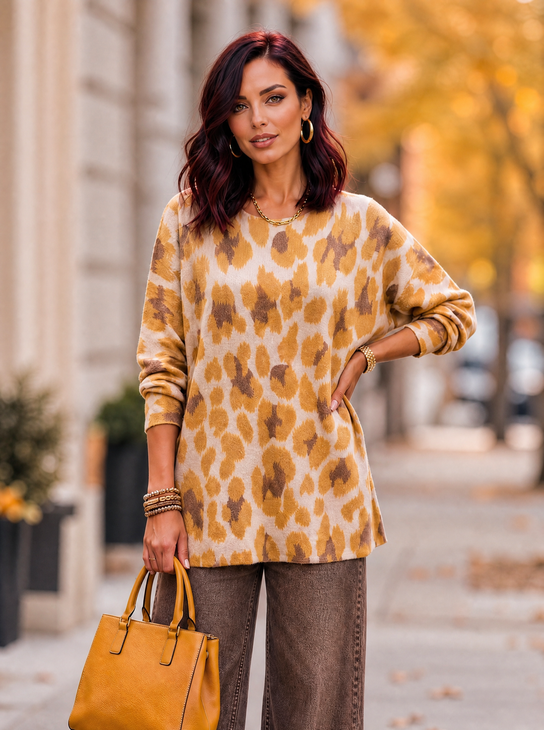 “MAGNOLIA” Curve Soft Knit Animal Print Jumper mustard