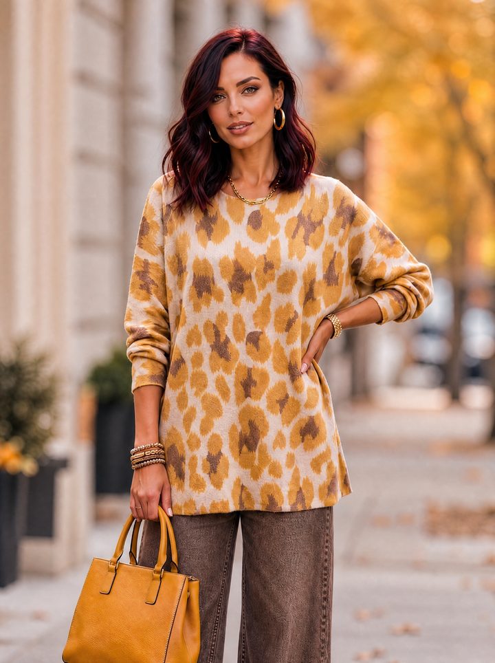 “MAGNOLIA” Curve Soft Knit Animal Print Jumper mustard