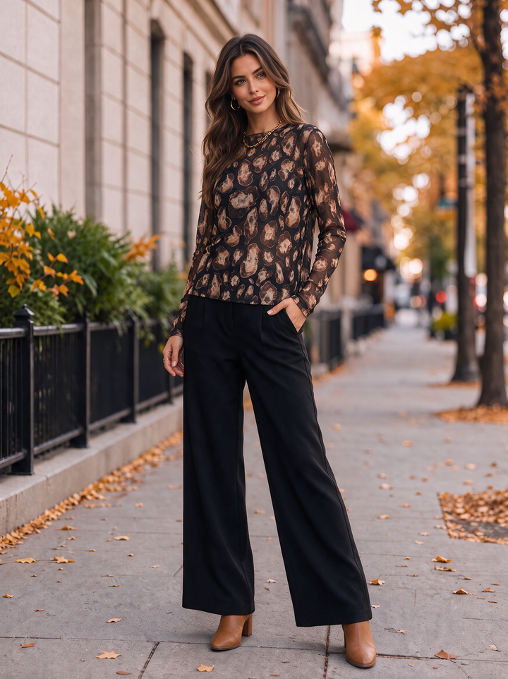 “MONIQUE” Leopard Print Mesh Top chocolate