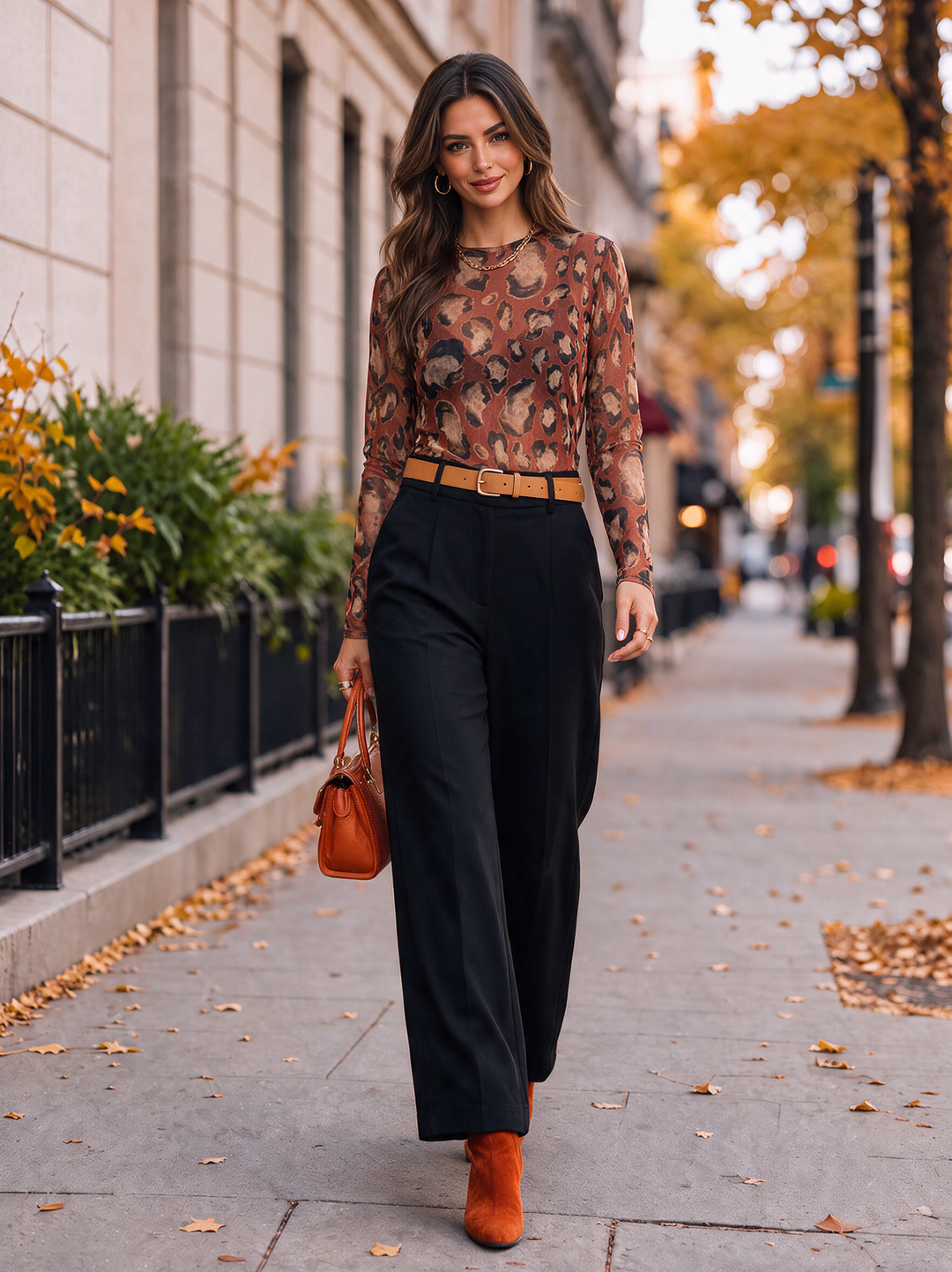 “MONIQUE” Leopard Print Mesh Top rust orange