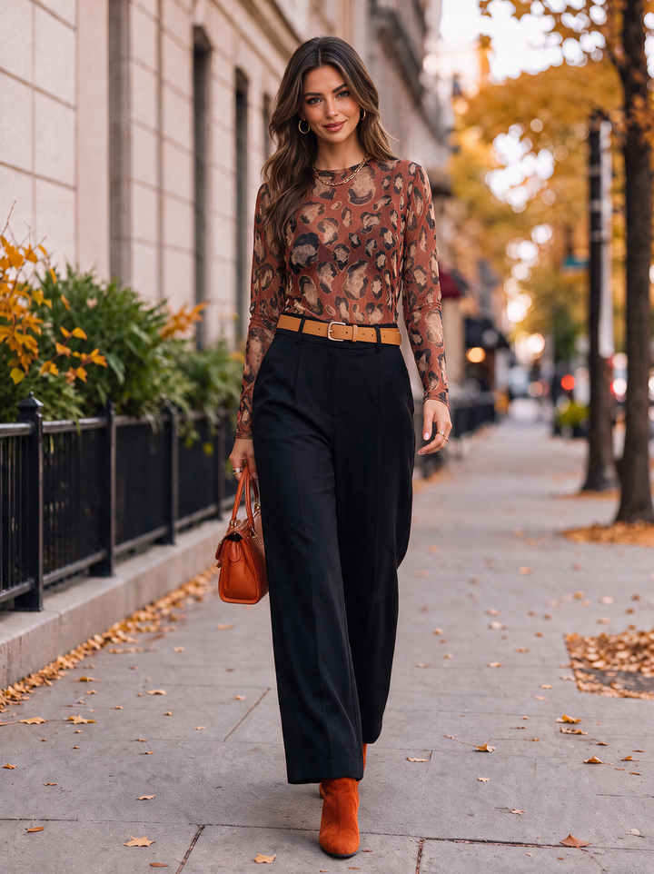 “MONIQUE” Leopard Print Mesh Top rust orange