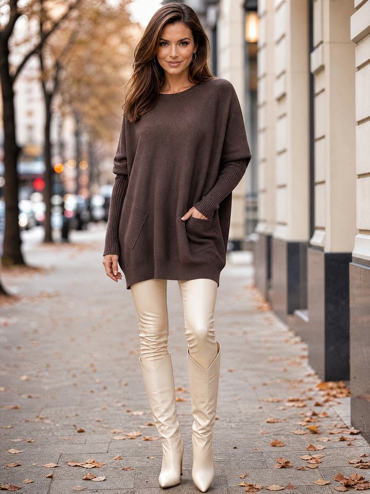 “MOLLY” Soft Relaxed Fit Pocket Jumper With Braid Back CHOCOLATE