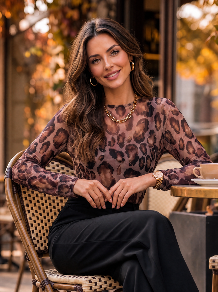 “MONIQUE” Leopard Print Mesh Top plum