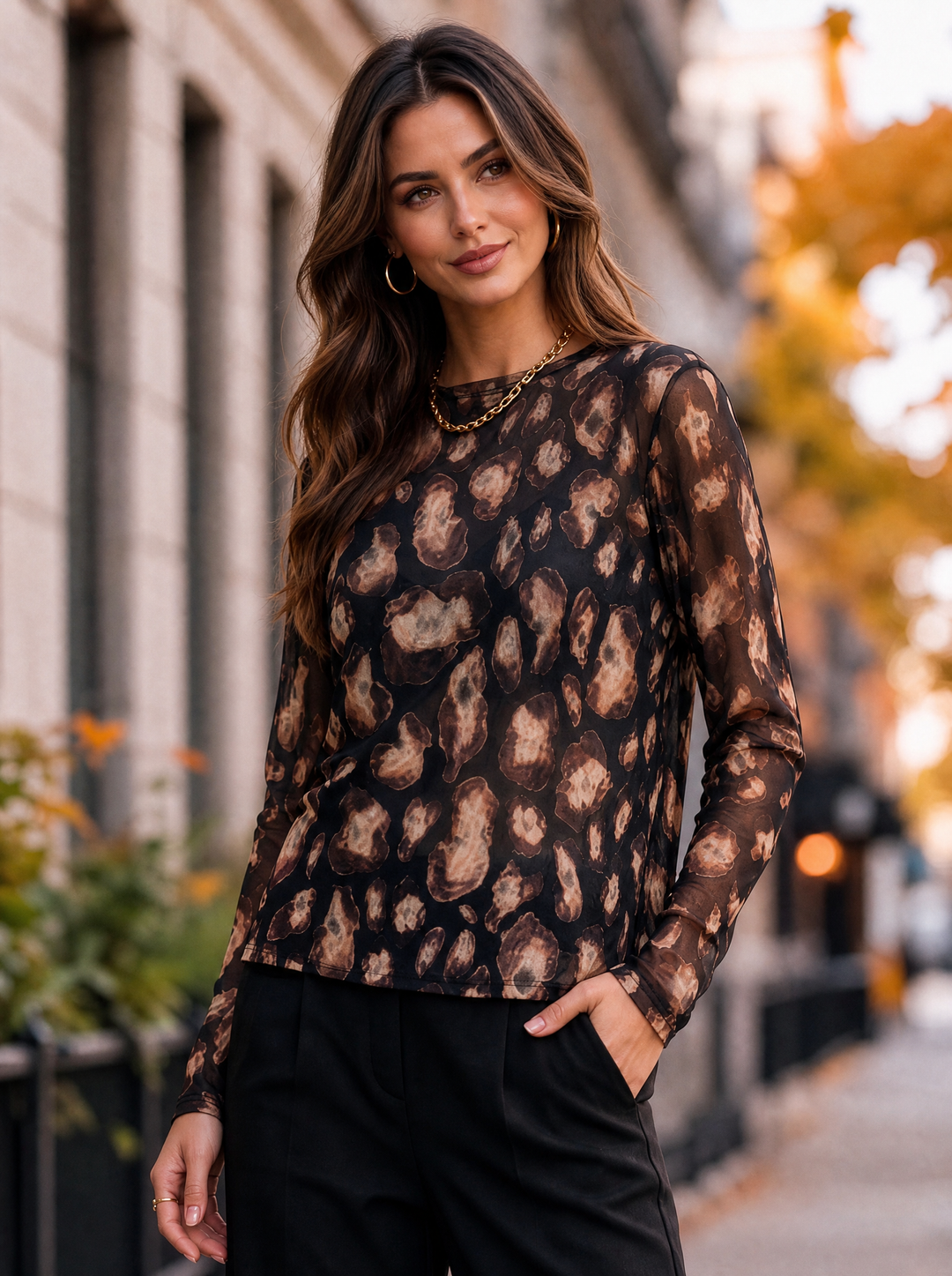“MONIQUE” Leopard Print Mesh Top chocolate