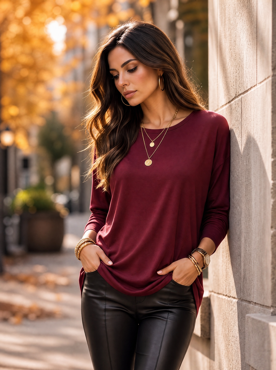 “HELEN” Relaxed Fit “MAGIC” Long Sleeve Jersey Top burgundy