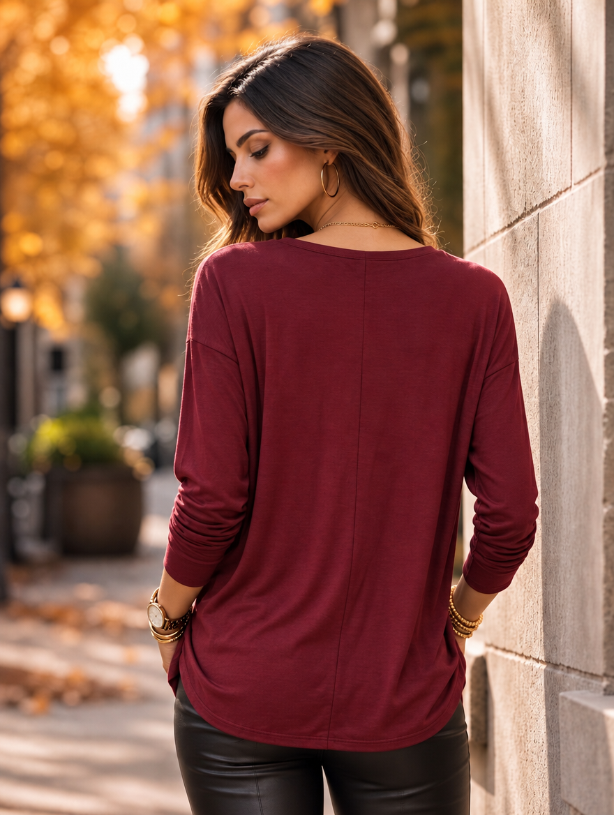 “HELEN” Relaxed Fit “MAGIC” Long Sleeve Jersey Top burgundy
