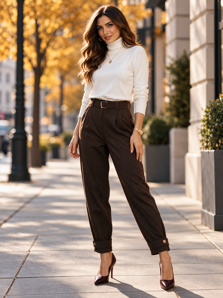 “KELLY” Button Tab Scuba Trousers With Belt chocolate 