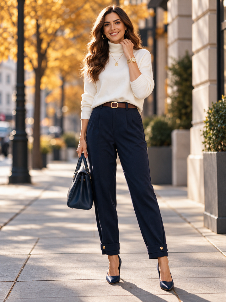 “KELLY” Button Tab Scuba Trousers With Belt navy
