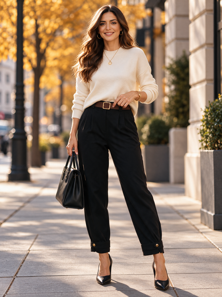 “KELLY” Button Tab Scuba Trousers With Belt black