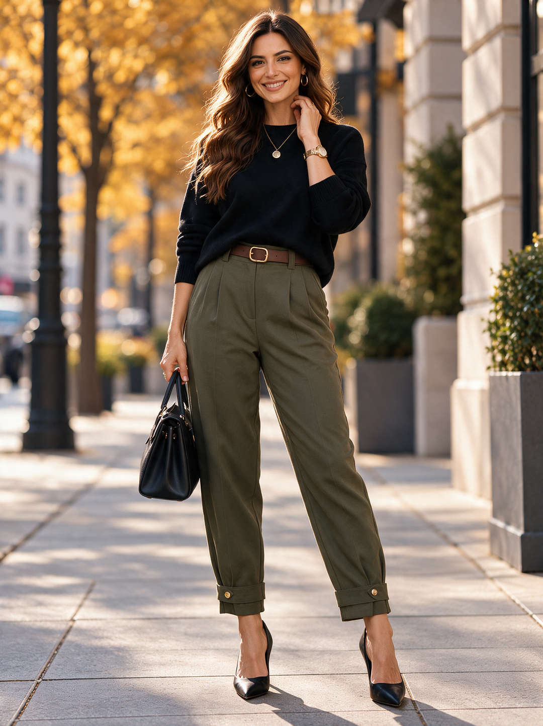 “KELLY” Button Tab Scuba Trousers With Belt