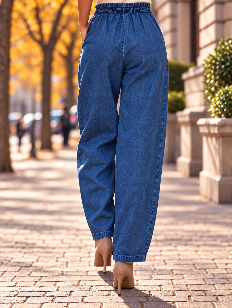 “LEONA” High Waisted Button Detail Barrel Jeans light denim
