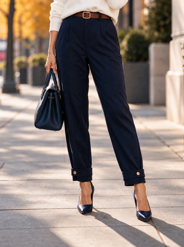 “KELLY” Button Tab Scuba Trousers With Belt navy