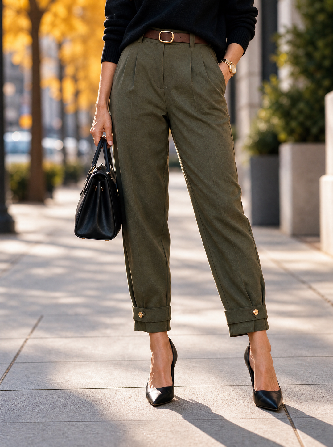 “KELLY” Button Tab Scuba Trousers With Belt khaki green