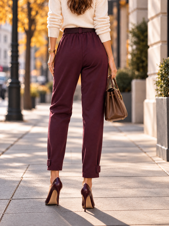 “KELLY” Button Tab Scuba Trousers With Belt plum