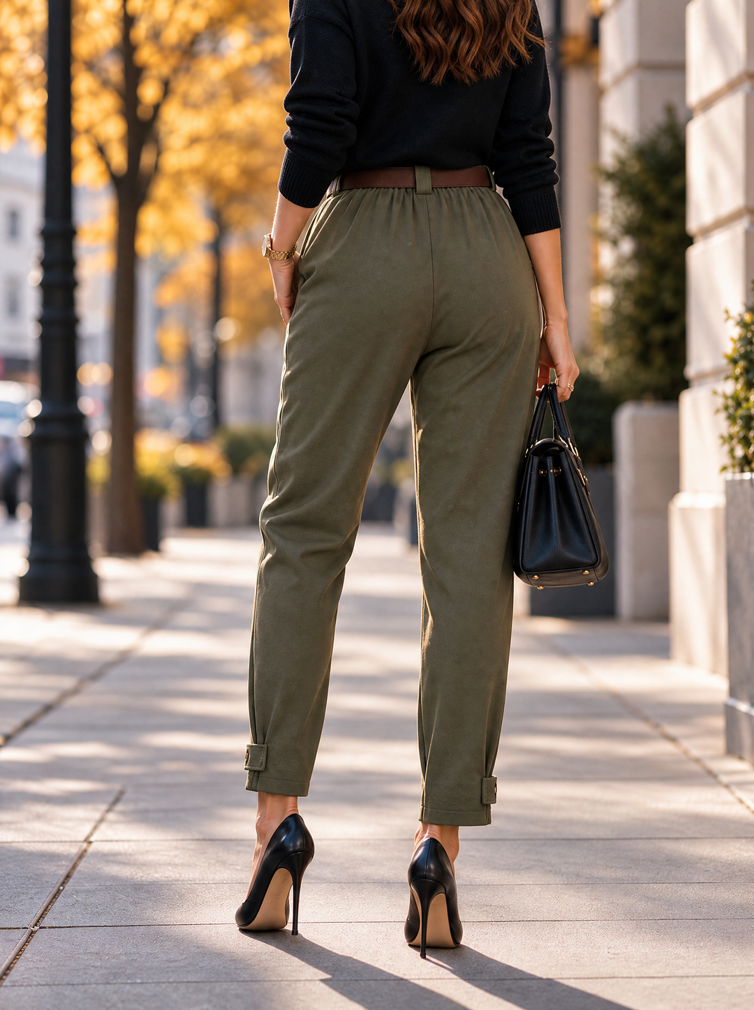“KELLY” Button Tab Scuba Trousers With Belt khaki green
